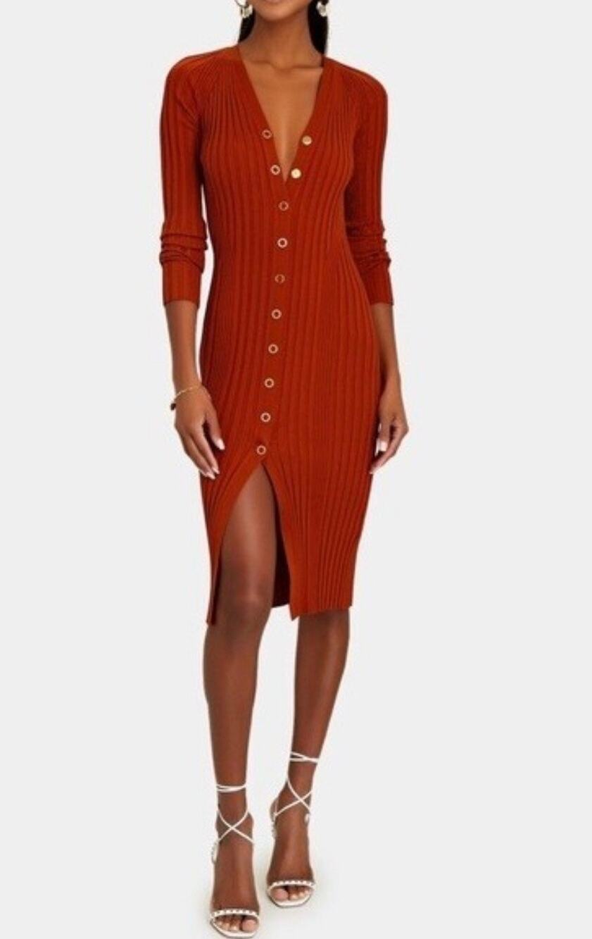 Dion Lee Gradient Ribbed Wool Snap Front Midi Dress Medium Rust Red Long Sleeve